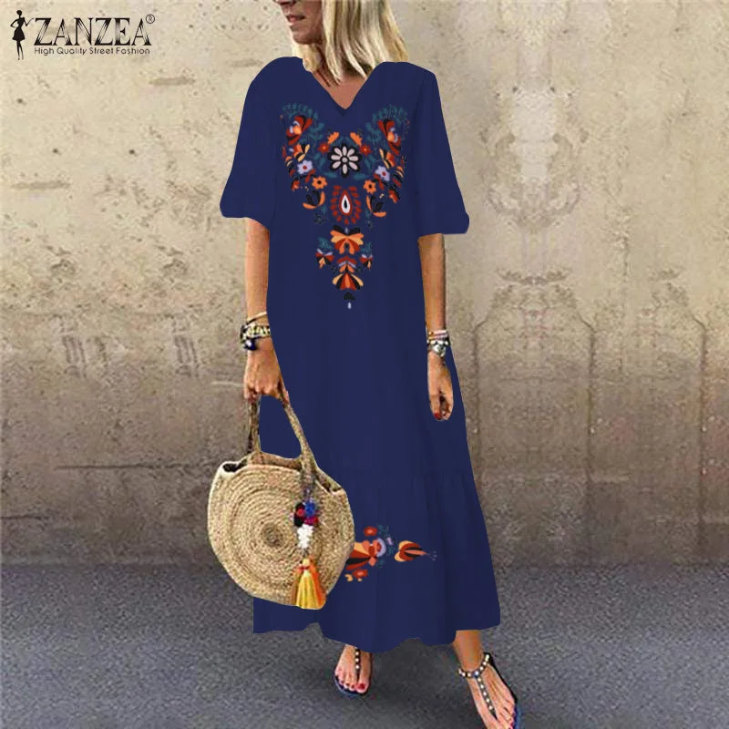 Bohemian Printed Maxi Dress ZANZEA 2019 Women's Sundress Summer Casual V-Neck Ruffle Vestidos Female Short Sleeve Floral Robe Fashionable Off-Shoulder Maxi Dress