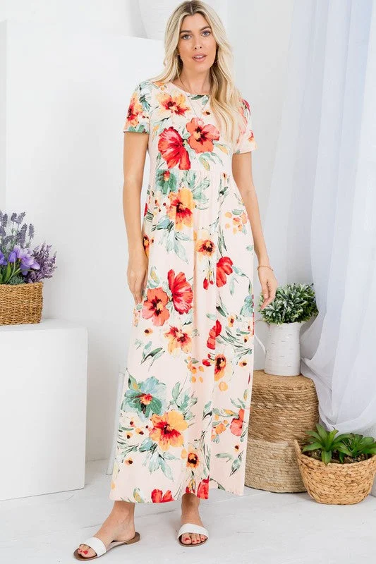 Bursting with Joy Floral Maxi Dress in Peach Comfortable Maxi Dress with Slits