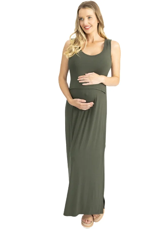 Maternity & Nursing Maxi Dress - Khaki Elegant Maxi Dress with Slit