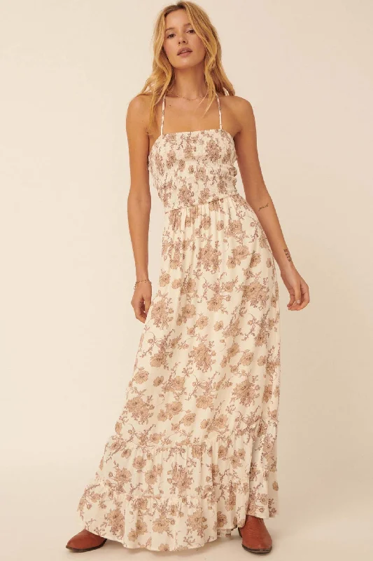 Cherished Memory Smocked Floral Maxi Dress Elegant Pleated Maxi Dress