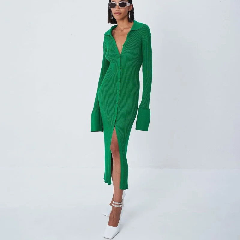 Chic Collared Button Down Long Sleeve Split Trim Rib Knit Maxi Dress - Green Comfortable Casual Maxi Dress