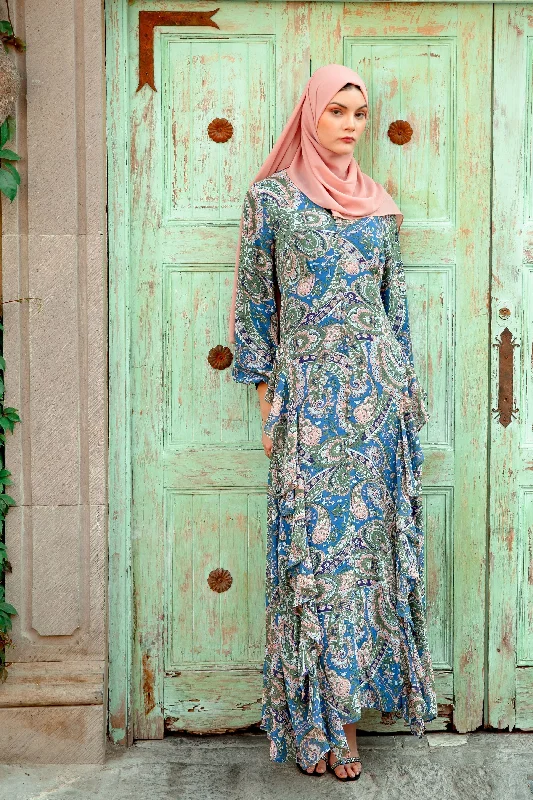 Chiffon Paisley Long Sleeve Maxi Dress Comfortable Pleated Maxi Dress