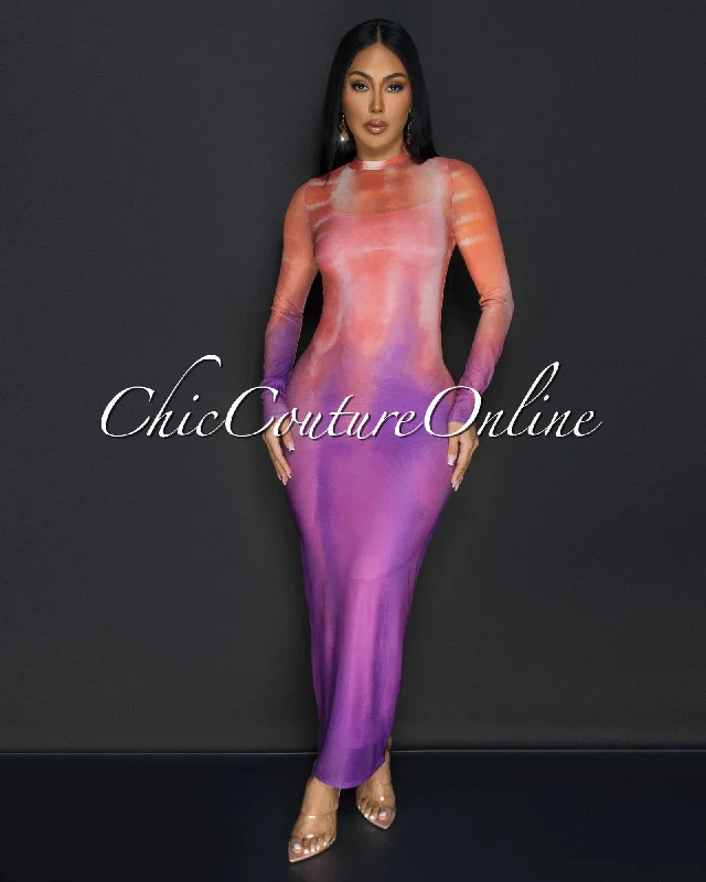Cleon Peach Purple Mesh Sheer Maxi Dress Stylish A-Line Maxi Dress
