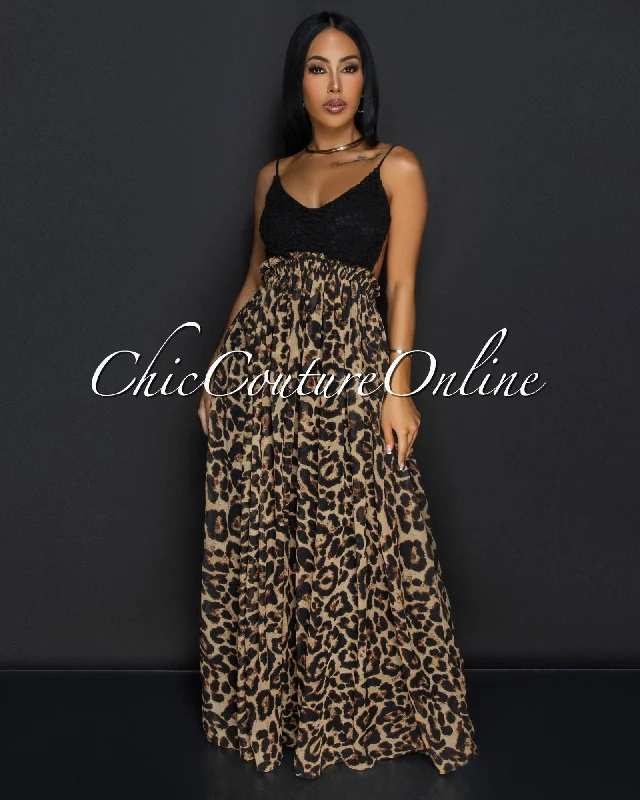 Corena Leopard Black Lace Open Back Maxi Dress Classic Solid Maxi Dress
