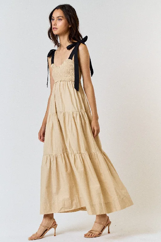 Cream and Black Shoulder Tie Smocked Maxi Dress Stylish Long Sleeve Maxi Dress