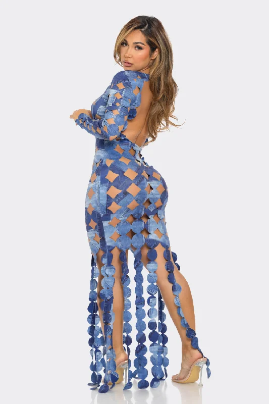 Denim Print Sexy Cut Out Maxi Dress Cozy Spaghetti Strap Maxi Dress
