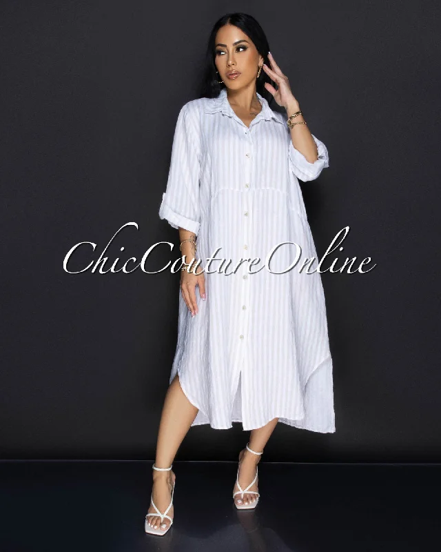 Dexina Beige  White Front Buttons LINEN Maxi Dress Elegant Pleated Maxi Dress