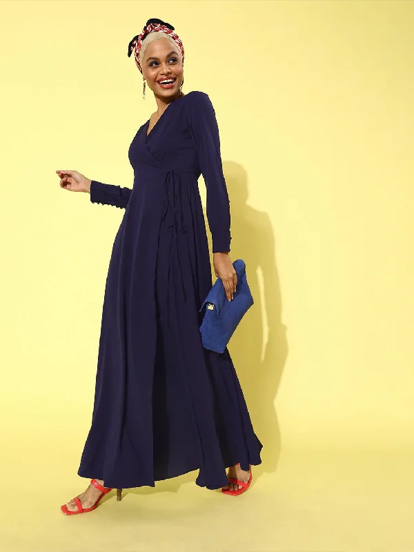 Berrylush Women Solid Navy Blue V-Neck Cuffed Sleeves Maxi Dress Elegant Wraparound Maxi Dress