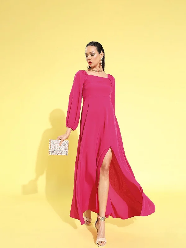 Berrylush Women Solid Dark Pink Square Neck Puff Sleeves Crepe Flared Maxi Dress Fashionable High-Low Maxi Dress Berrylush Women Solid Dark Pink Square Neck Puff Sleeves Crepe Flared Maxi Dress Fashionable High-Low Maxi Dress