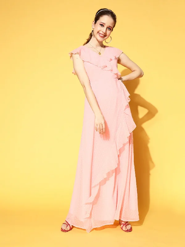 Berrylush Women Solid Pink Dobby Weave V-Neck Waist Tie-Up Flared Wrap Maxi Dress Fashionable Open-Back Maxi Dress