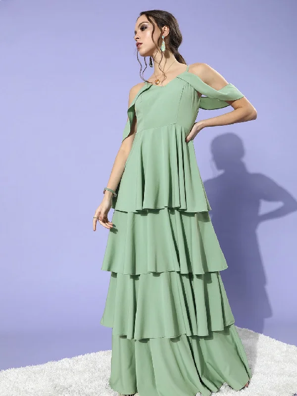 Berrylush Women Solid Green V-Neck Cold-Shoulder Flounce Hem Layered A-Line Maxi Dress Comfortable Pleated Maxi Dress Berrylush Women Solid Green V-Neck Cold-Shoulder Flounce Hem Layered A-Line Maxi Dress Comfortable Pleated Maxi Dress
