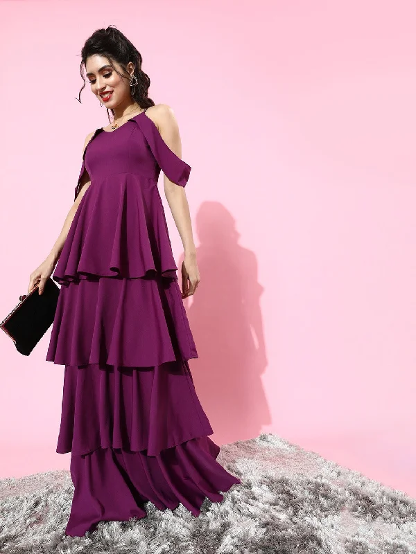 Berrylush Women Solid Purple V-Neck Crepe Layered Maxi Dress Comfortable Casual Maxi Dress