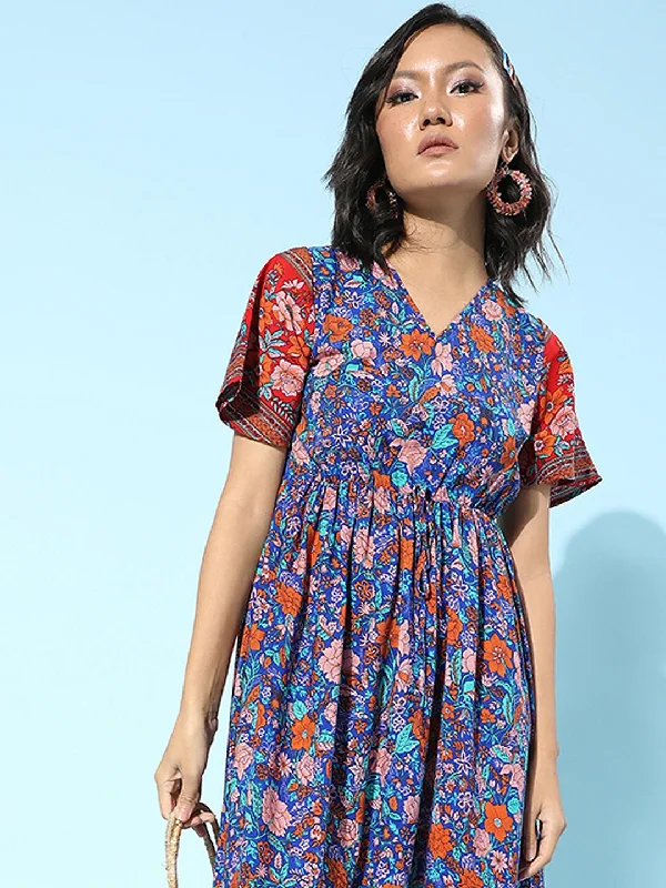Berrylush Women Blue & Red Floral Printed V-Neck Front Knot Flared A-Line Maxi Dress Fashionable Chiffon Maxi Dress Berrylush Women Blue & Red Floral Printed V-Neck Front Knot Flared A-Line Maxi Dress Fashionable Chiffon Maxi Dress