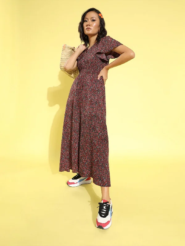 Berrylush Women Black & Multicolour Floral Printed V-Neck Crepe Flared Fit & Flare Maxi Dress Comfortable Pleated Maxi Dress Berrylush Women Black & Multicolour Floral Printed V-Neck Crepe Flared Fit & Flare Maxi Dress Comfortable Pleated Maxi Dress