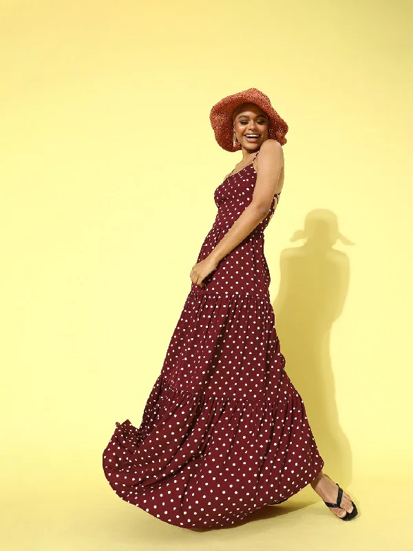 Berrylush Women Maroon Polka Dot Printed Backless Crepe Maxi Dress Stylish One-Shoulder Maxi Dress Berrylush Women Maroon Polka Dot Printed Backless Crepe Maxi Dress Stylish One-Shoulder Maxi Dress