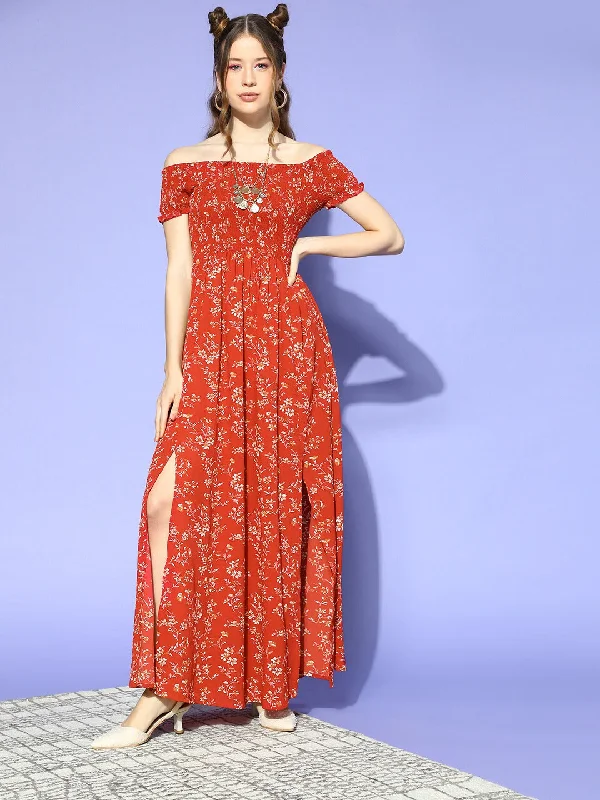 Berrylush Women Red & White Floral Printed Off-Shoulder Neck Thigh-High Slit Crepe Smocked Maxi Dress Chic Button-Up Maxi Dress Berrylush Women Red & White Floral Printed Off-Shoulder Neck Thigh-High Slit Crepe Smocked Maxi Dress Chic Button-Up Maxi Dress