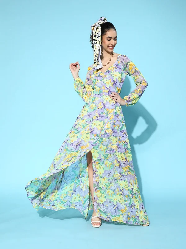 Berrylush Women Purple & Yellow Floral Printed V-Neck Thigh-High Slit Flared Wrap Maxi Dress Classic Solid Maxi Dress Berrylush Women Purple & Yellow Floral Printed V-Neck Thigh-High Slit Flared Wrap Maxi Dress Classic Solid Maxi Dress