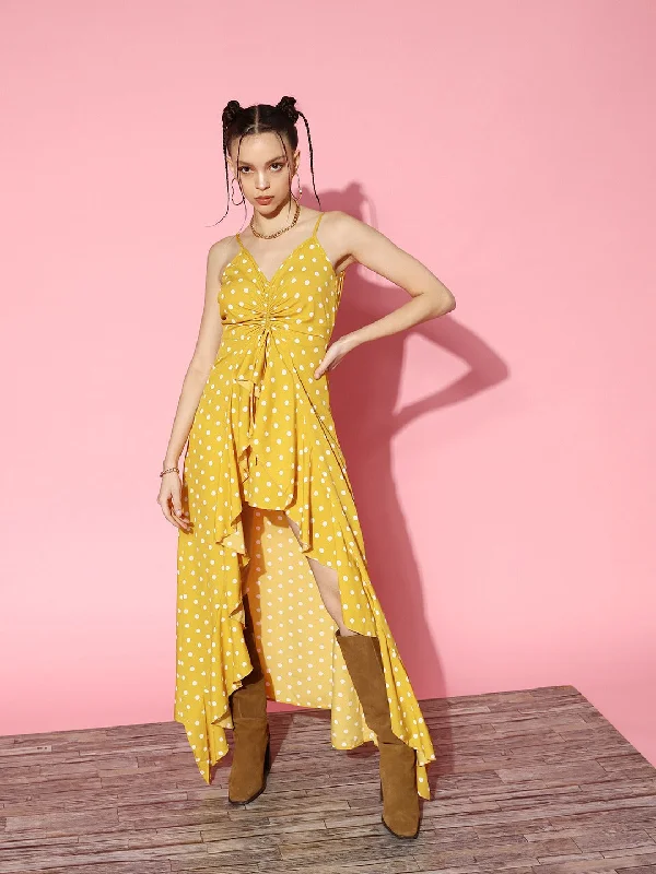 Berrylush Women Yellow & White Polka Dot Printed V-Neck Sleeveless Crepe High-Low Ruffled Maxi Dress Cozy Maxi Dress with Slit