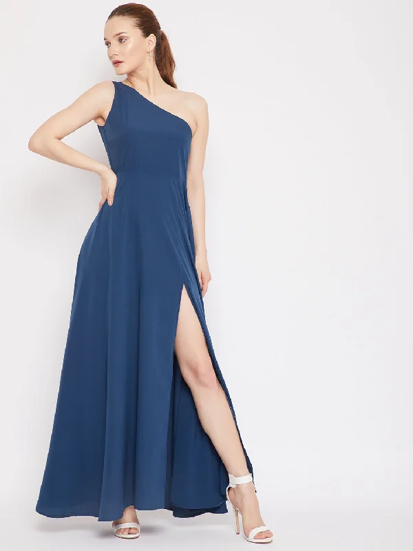 Berrylush Women Solid Blue One-Shoulder Neck Thigh-High Slit Flared Maxi Dress Trendy Maxi Dress with Belt Berrylush Women Solid Blue One-Shoulder Neck Thigh-High Slit Flared Maxi Dress Trendy Maxi Dress with Belt