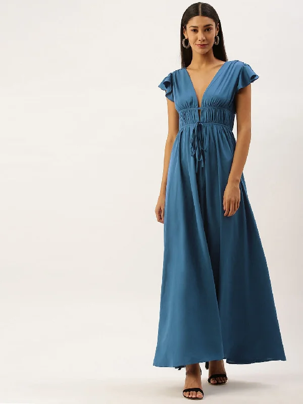 Berrylush Women Solid Blue Deep V-Neck Maxi Dress Trendy Maxi Dress with Bow
