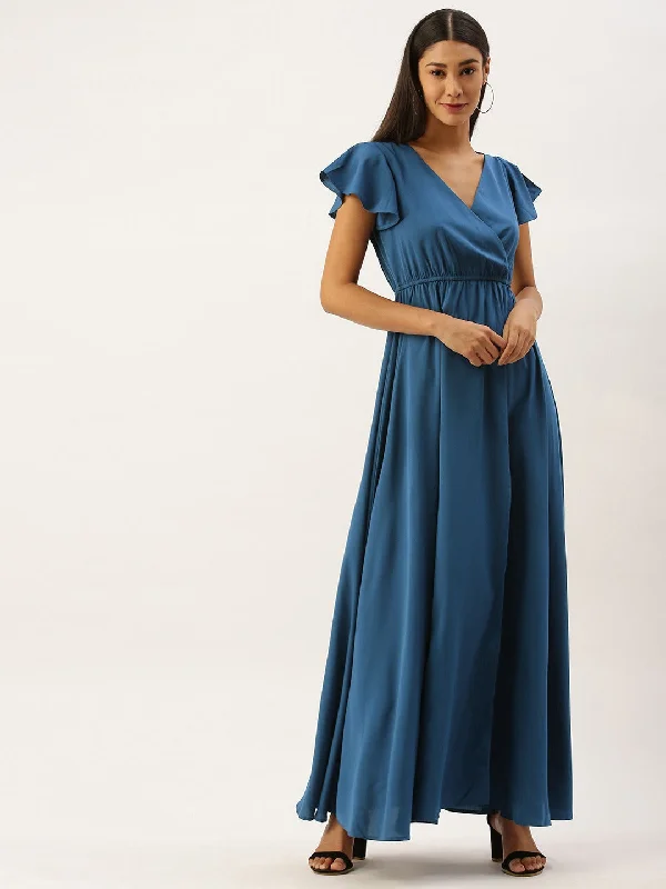 Berrylush Women Solid Blue V-Neckline Maxi Dress Chic Boho Print Maxi Dress