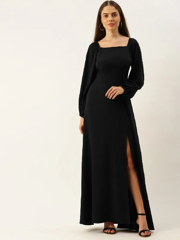 Berrylush Women Solid Black Square Neck High Slit Maxi Dress Trendy Maxi Dress with Bow Berrylush Women Solid Black Square Neck High Slit Maxi Dress Trendy Maxi Dress with Bow