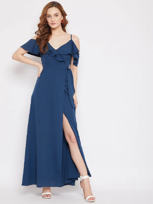 Berrylush Women Solid Blue V-Neck Cold-Shoulder Thigh-High Slit Ruffled Maxi Dress Chic Summer Maxi Dress Berrylush Women Solid Blue V-Neck Cold-Shoulder Thigh-High Slit Ruffled Maxi Dress Chic Summer Maxi Dress