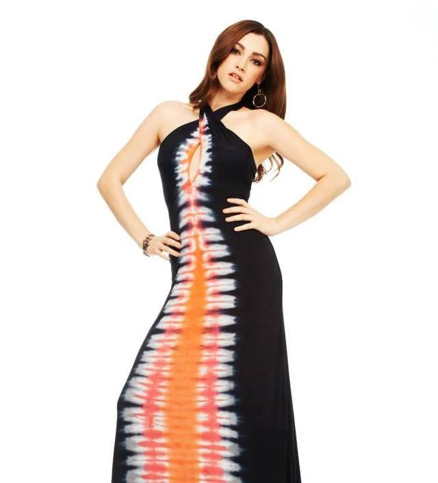 E-Motions Halter Maxi Dress Black Orange Tie Dye Trendy A-Line Maxi Dress