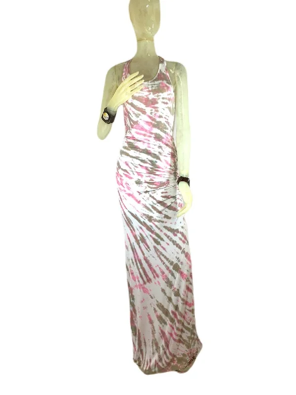E-Motions Ruched Side Tie Dye Maxi Dress Pink Tan Tiger TD Comfortable Cotton Maxi Dress
