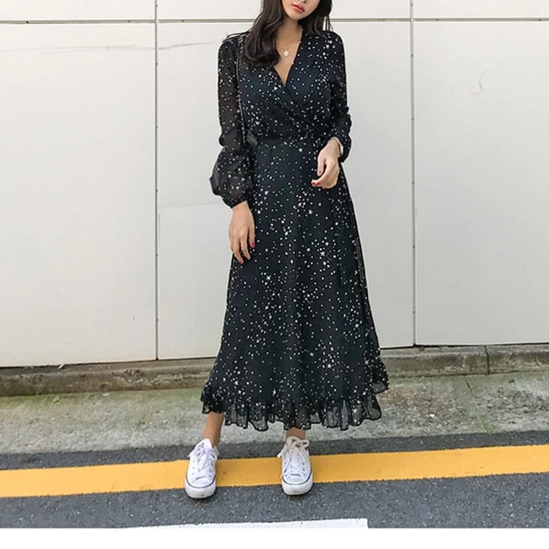 Elegant Ruffles Chiffon Women Long Dress Star Print Autumn Sexy V-neck Sashes Maxi Dress Evening Party Female Dress Vestidos Fashionable Maxi Dress with Fringe