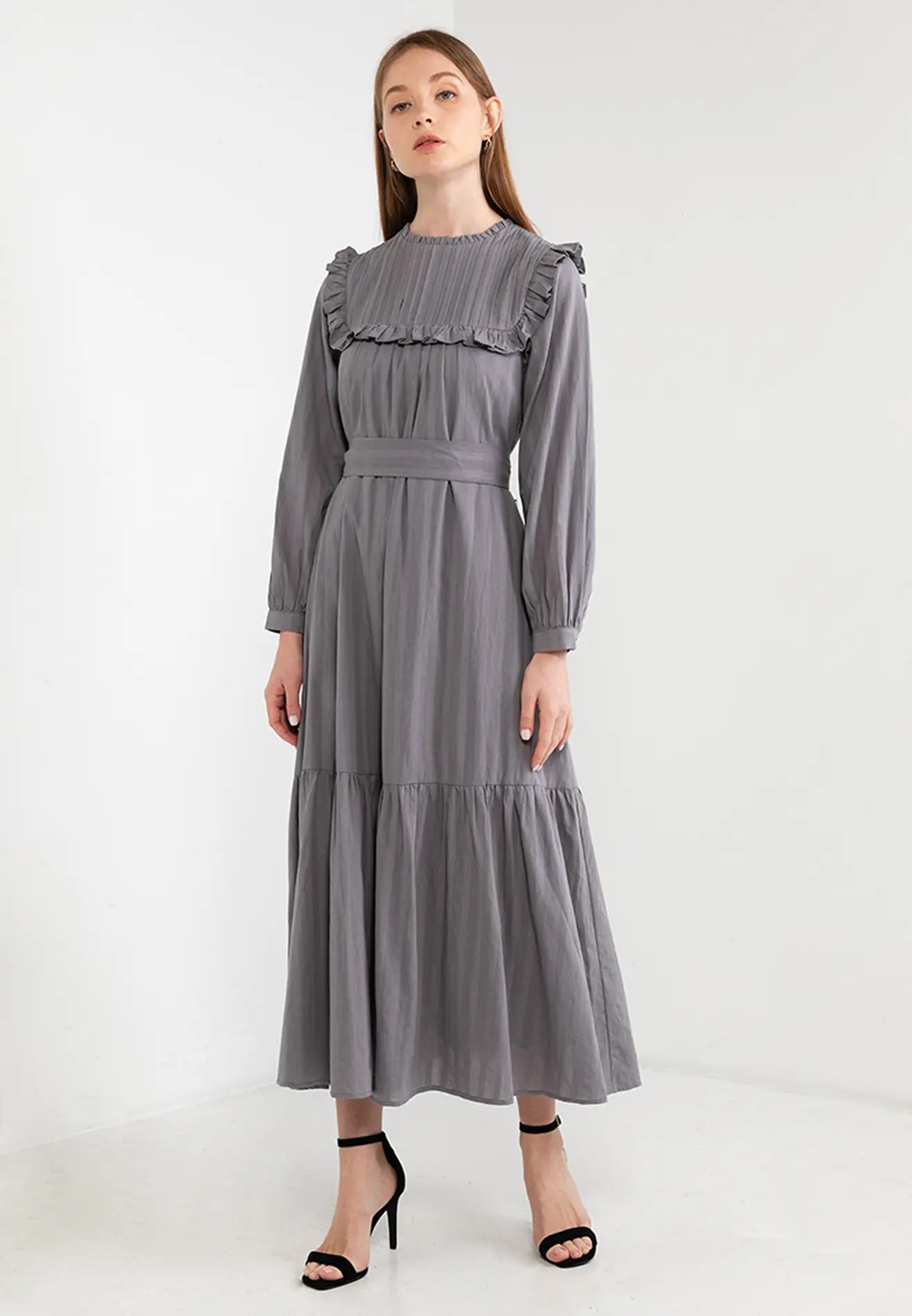 ELLE Apparel Belted Ruffle Trimmed Maxi Dress Classic Solid Maxi Dress
