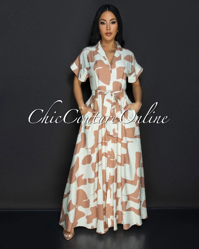 Fia Beige Nude Print Collared Maxi Dress Fashionable Halter Neck Maxi Dress