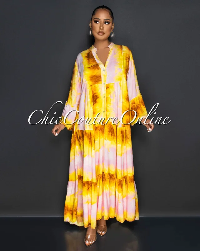 Frances Yellow Pink Ruffle Hem Maxi Dress Trendy Maxi Dress with Lace