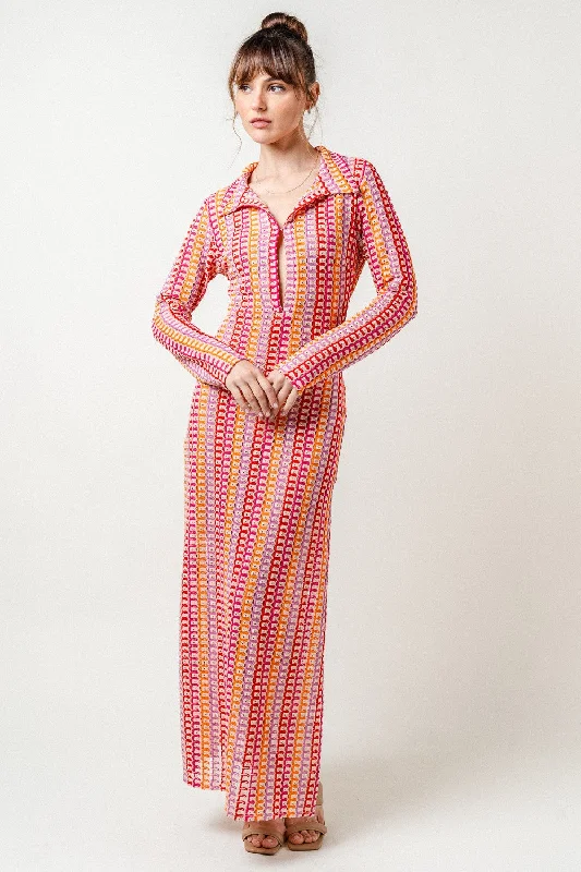 Fuchsia and Orange Button Up Collared Knit Maxi Dress Cozy Longline Maxi Dress