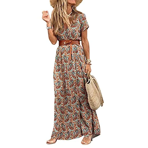 Summer Maxi Dress Women Boho Dresses Fashion Floral V Neck Short Sleeve Beach Resort Homewear Long Dress Casual Street Style - Brown - XL Trendy Short Sleeve Maxi Dress Summer Maxi Dress Women Boho Dresses Fashion Floral V Neck Short Sleeve Beach Resort Homewear Long Dress Casual Street Style - Brown - XL Trendy Short Sleeve Maxi Dress