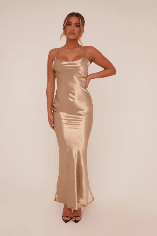 Gold Satin Cowl Neck Maxi Dress - Jesi Comfortable Flowy Maxi Dress