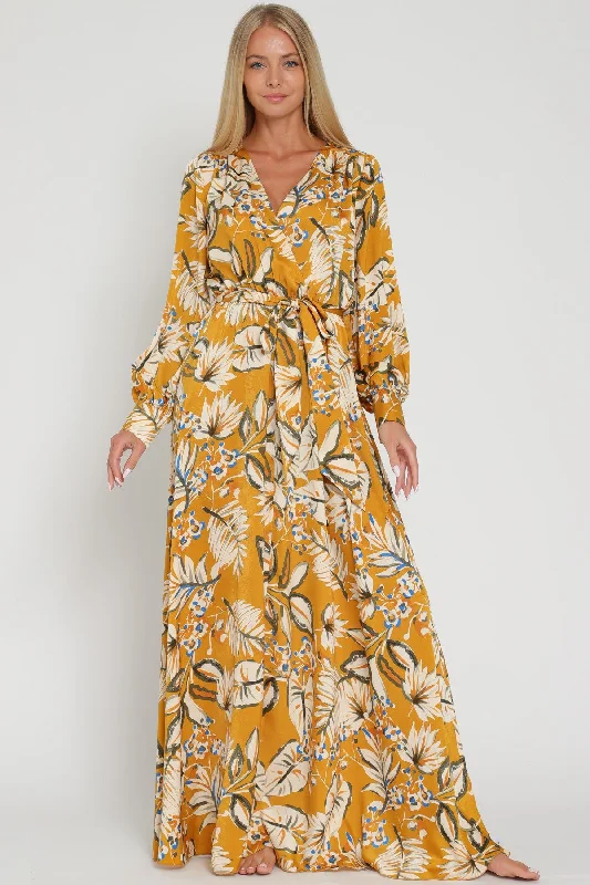 Golden Long Sleeve Fall Floral Printed Belted Maxi Dress Classic Solid Maxi Dress
