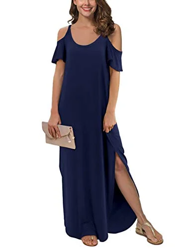 GRECERELLE Women's Summer Casual Loose Long Dress Strapless Strap Cold Shoulder Short Sleeve Split Maxi Dresses with Pocket Elegant Maxi Dress with Pockets GRECERELLE Women's Summer Casual Loose Long Dress Strapless Strap Cold Shoulder Short Sleeve Split Maxi Dresses with Pocket Elegant Maxi Dress with Pockets