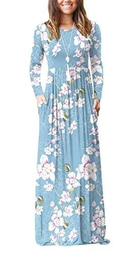 HAOMEILI Women's Casual Long/Short Sleeve Maxi Dress with Pockets Elegant Floral Maxi Dress