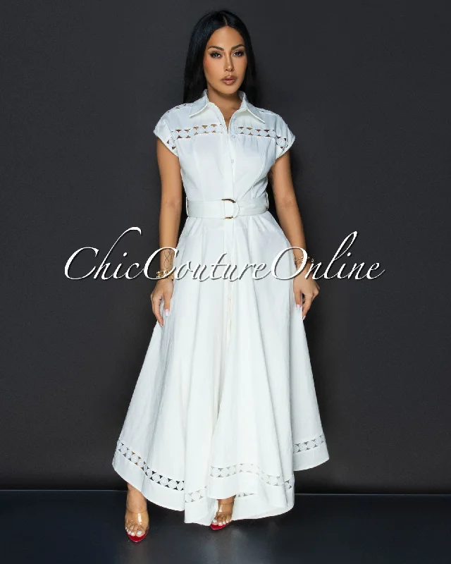 Helena Off-White Belted Luxe Maxi Dress Trendy A-Line Maxi Dress