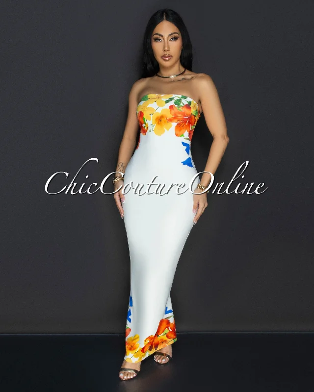 Iami Cream Floral Strapless Maxi Dress Trendy Maxi Dress with Straps