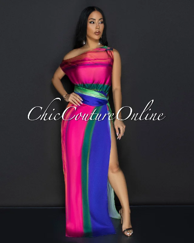 Imanie Multi-Color High Slit Silky Maxi Dress Comfortable Long-Sleeve Maxi Dress