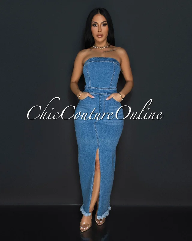 Jina Denim Strapless Front Slit Maxi Dress Trendy Ruffled Maxi Dress