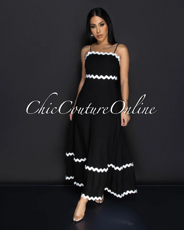Joss Black White Trimming Linen Maxi Dress Fashionable Faux Wrap Maxi Dress
