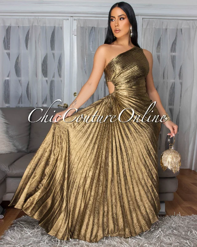 Jovinia Bronze Pleated Single Shoulder Maxi Dress Fashionable Chiffon Tiered Maxi Dress