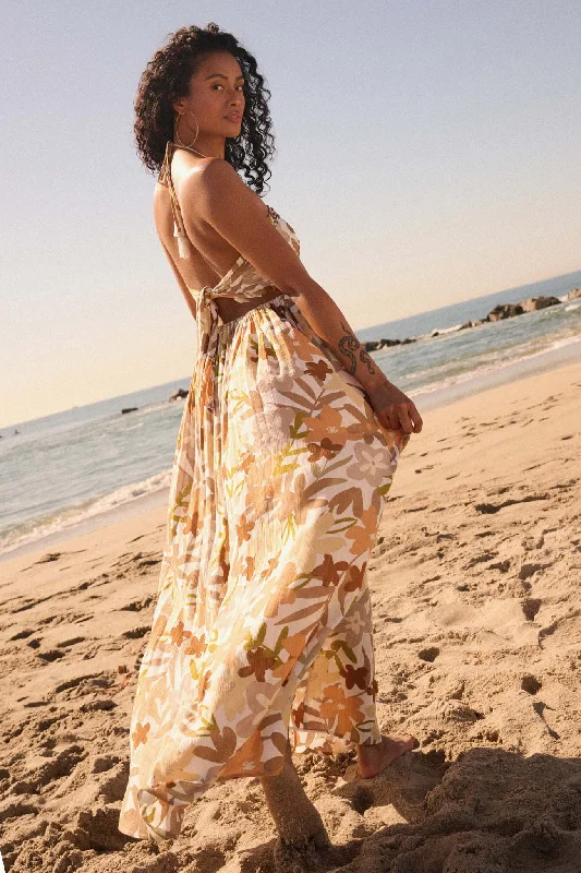Jungle Blooms Floral Halter Tie-Back Maxi Dress Classic V-Neck Maxi Dress