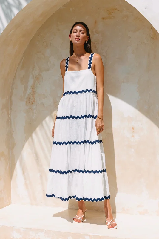 Kalliope White Navy Ric Rac Tiered Maxi Dress Comfortable Bohemian Maxi Dress