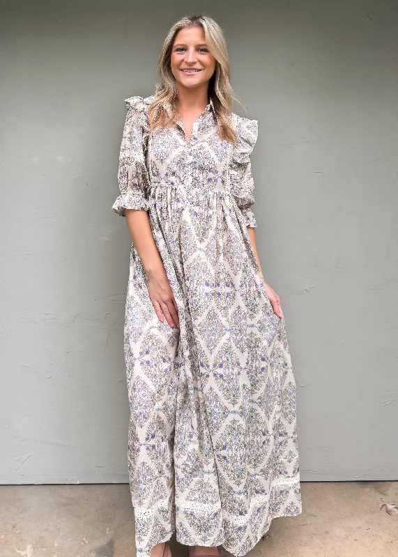 Karlie: Boho Floral Crochet Maxi Dress Elegant Pleated Maxi Dress