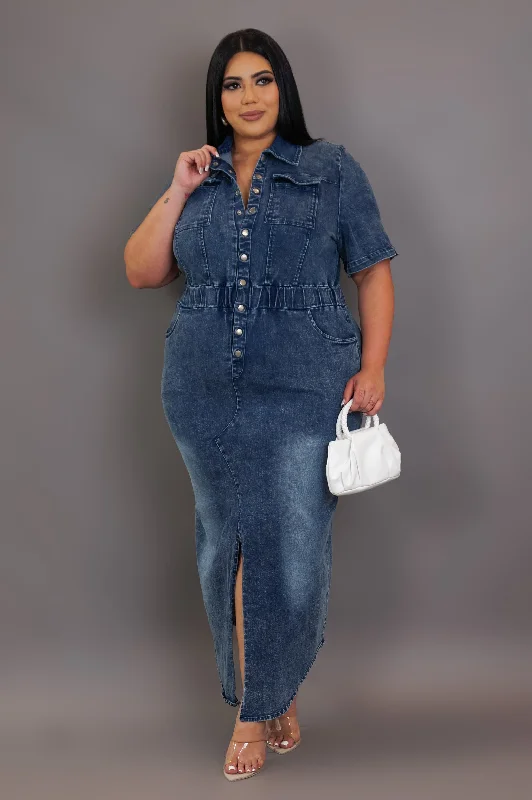 Katia Maxi Dress - Dark Wash Stylish Maxi Dress with Frills