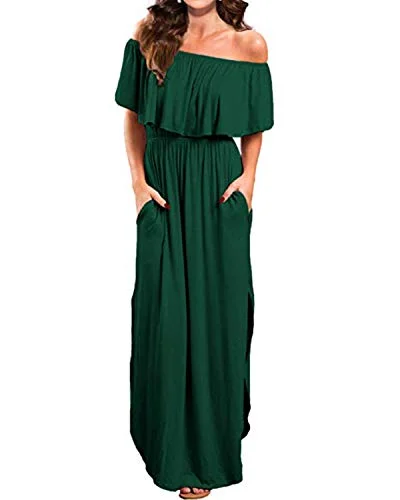 KIDSFORM Women Maxi Dress Long Sleeve Off Shoulders Ruffles Side Split Long Dress with Pockets Trendy Fit-and-Flare Maxi Dress KIDSFORM Women Maxi Dress Long Sleeve Off Shoulders Ruffles Side Split Long Dress with Pockets Trendy Fit-and-Flare Maxi Dress